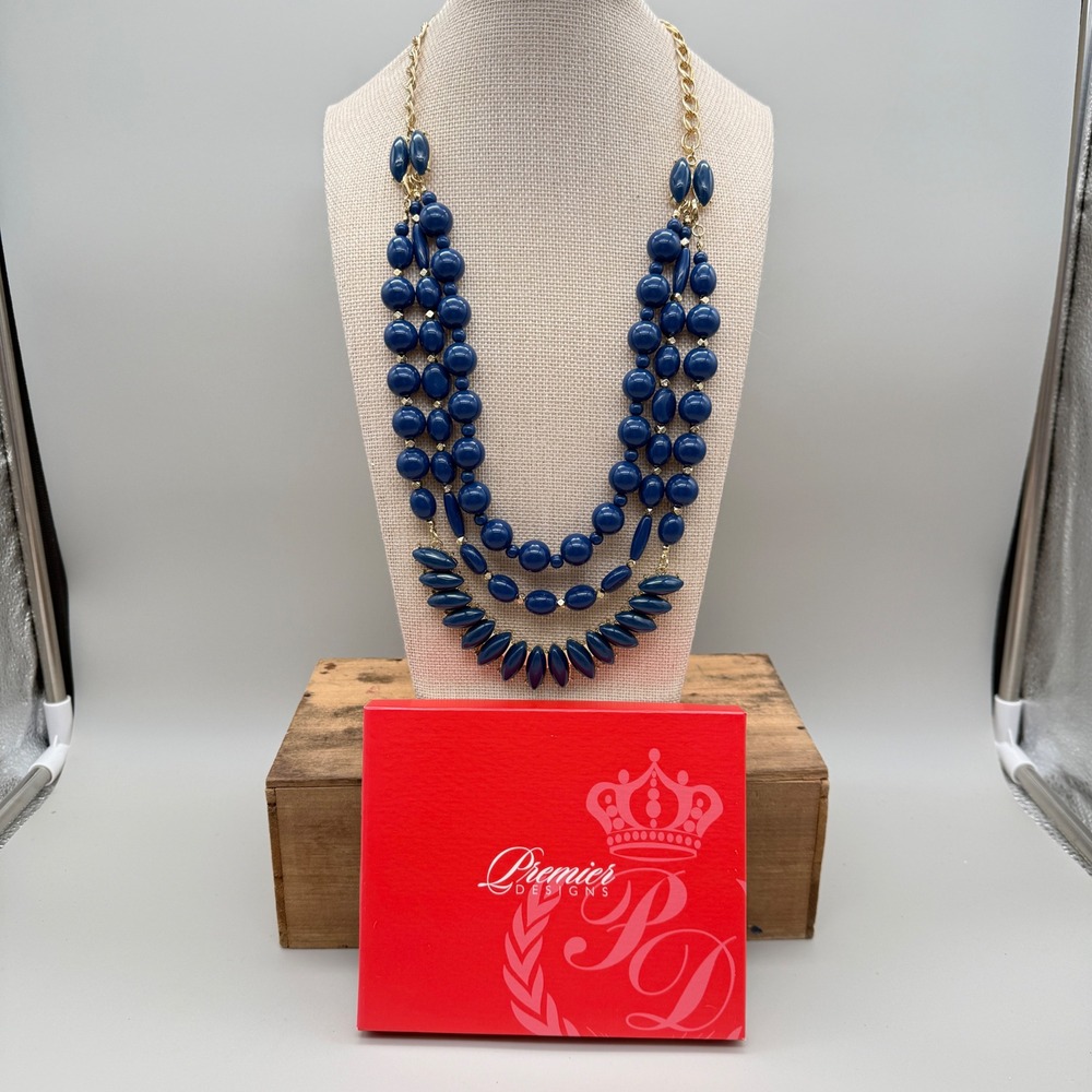 Premier Designs Navy Blue Beaded Statement Necklace Triple Strand Gold Tone 13in